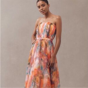 Hutch Strapless Watercolor Print Maxi Dress in Coral, Pink & Blue